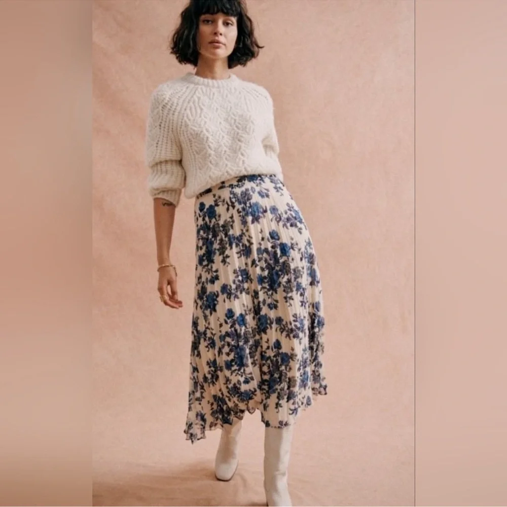 Sezane Blue Floral Midi Skirt Size EU 44 - Picture 3 of 10